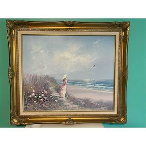 Laura Keswick signed oil painting girl by the sea 24x20 canvas framed 30x26 art